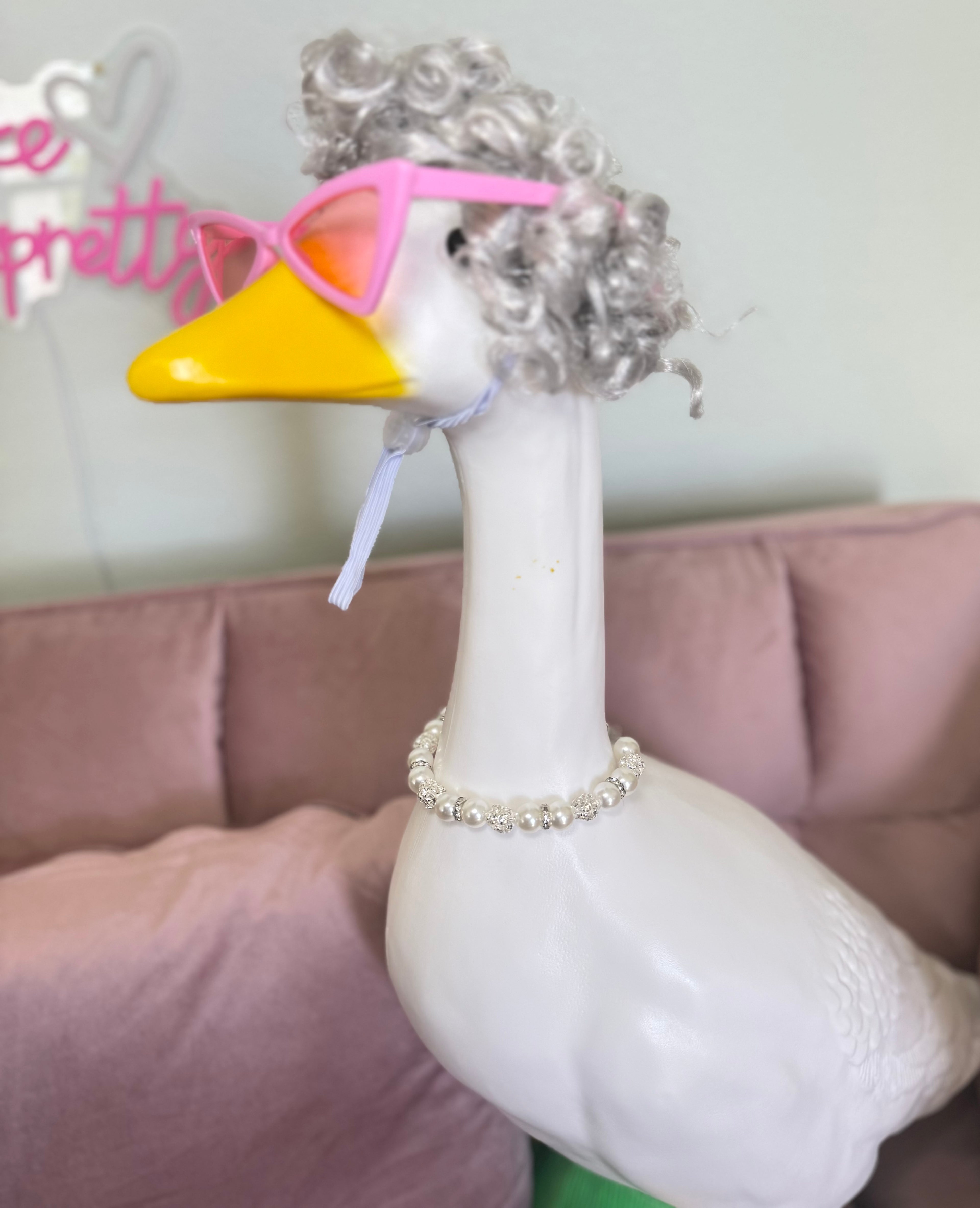 Grandmillennial Glam Goose™ Set – Silver Curl Wig, Pink Cat-Eye Sunglasses & Pearl Necklace