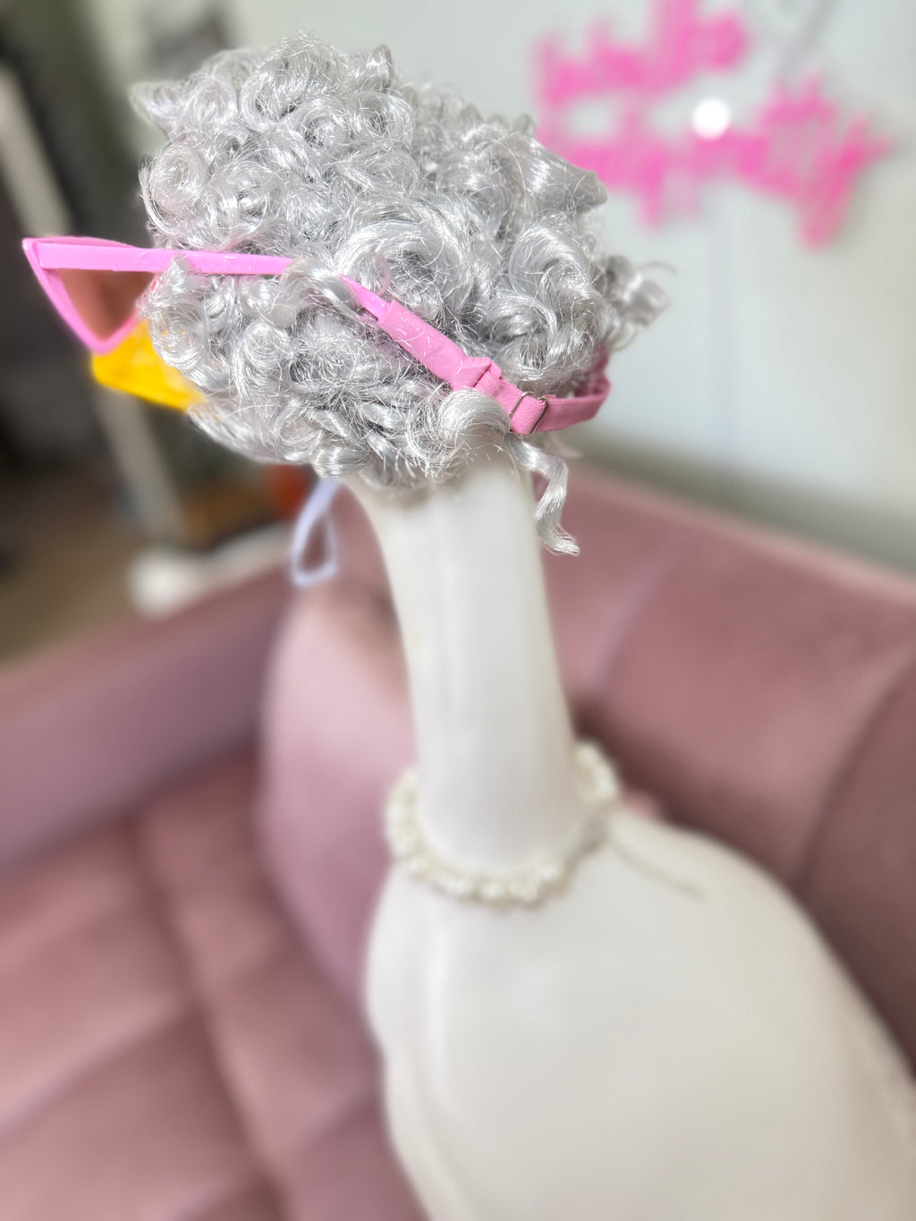 Grandmillennial Glam Goose™ Set – Silver Curl Wig, Pink Cat-Eye Sunglasses & Pearl Necklace